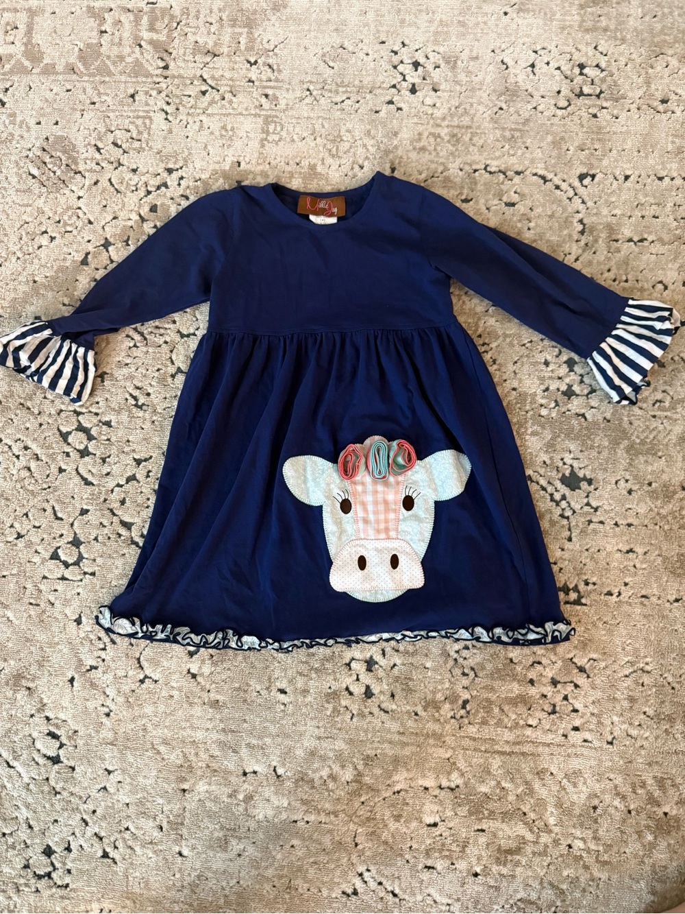 Girls Navy Cow Appliqué Long Sleeve Dress